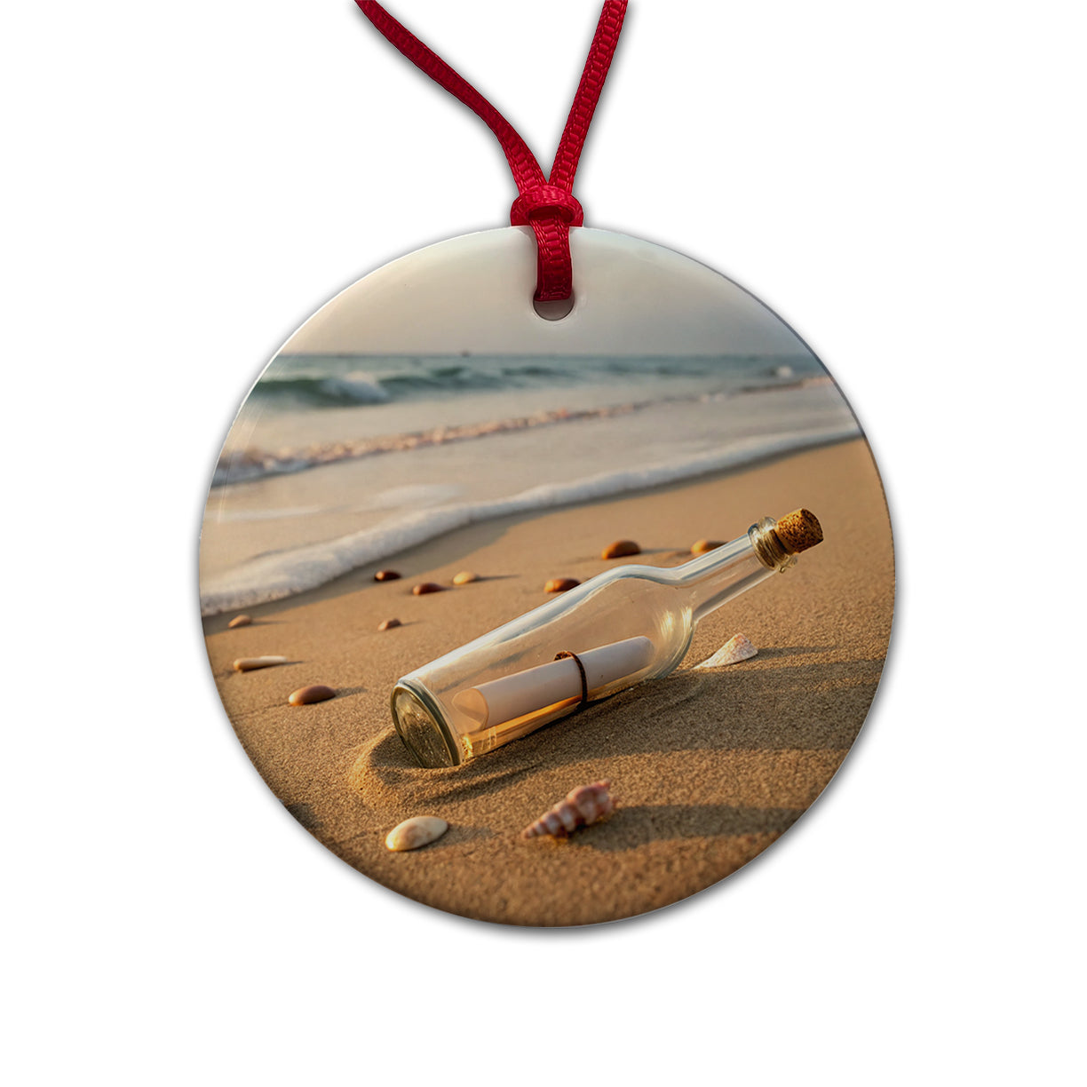 Message In A Bottle Beach Ocean Round Ceramic Holiday Christmas Tree Ornament