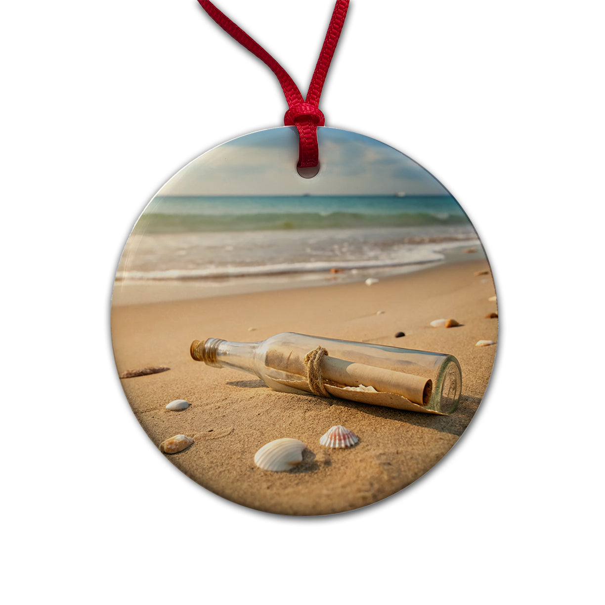 Message In A Bottle On Beach Round Ceramic Holiday Christmas Tree Ornament