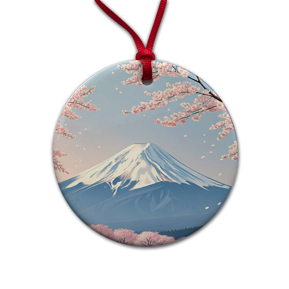 Mount Fuji Japan Cherry Blossom Trees Round Ceramic Holiday Christmas Tree Ornament