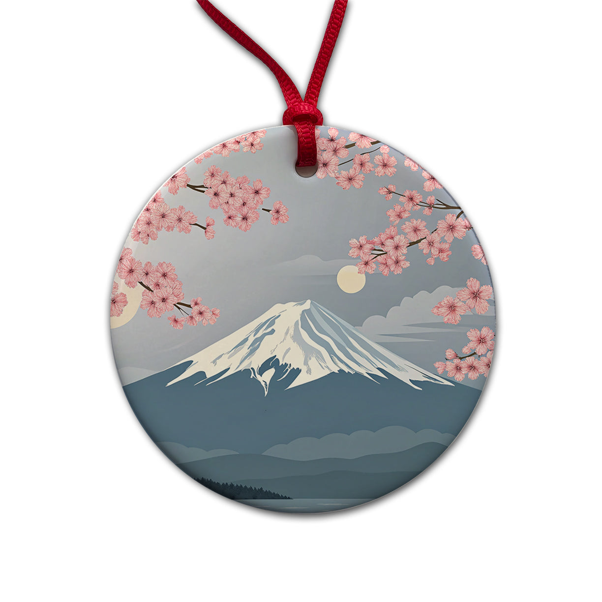 Mount Fuji Japan Drawing Cherry Blossoms Beautiful Round Ceramic Holiday Christmas Tree Ornament