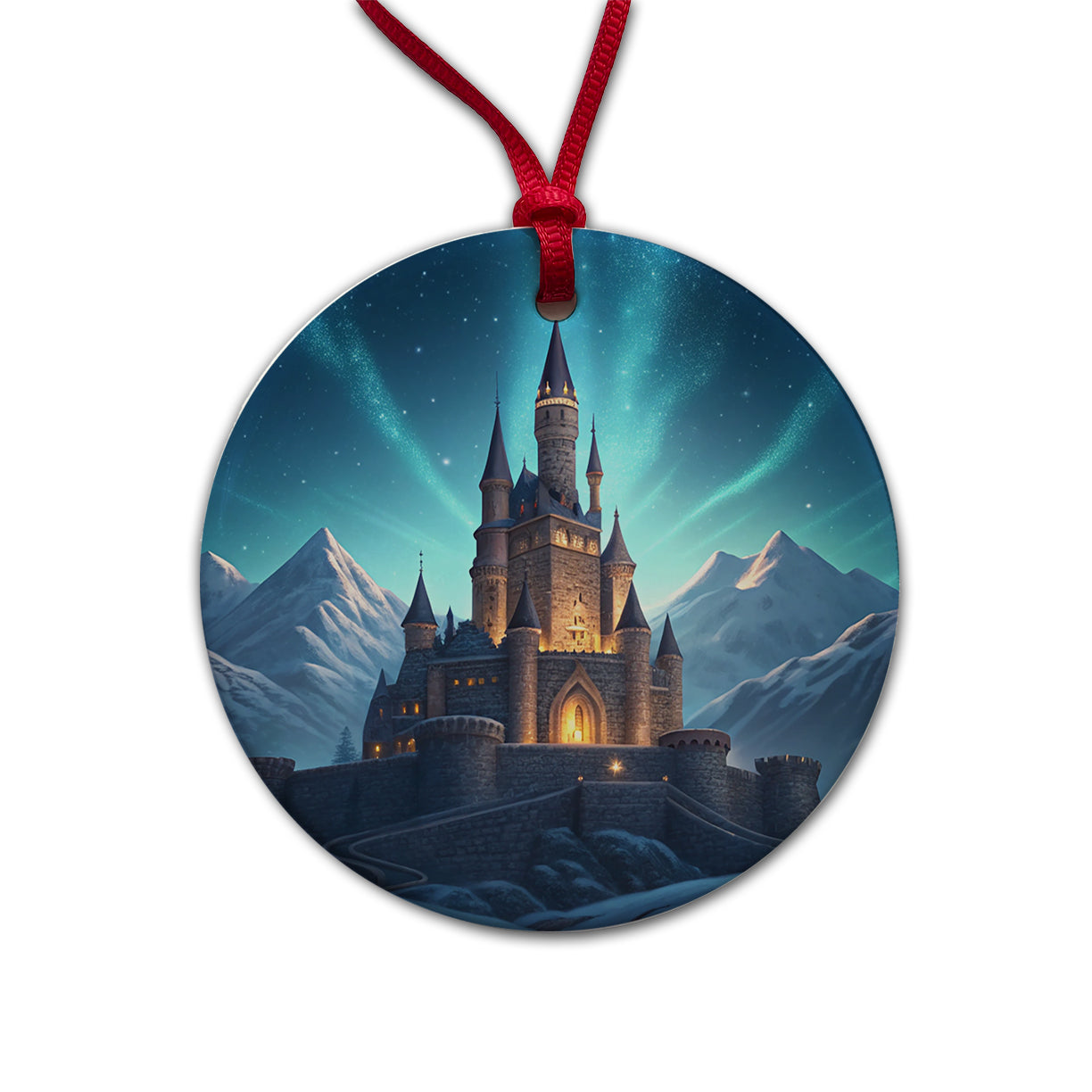 Mountaintop Castle Lights At Night Round Ceramic Holiday Christmas Tree Ornament