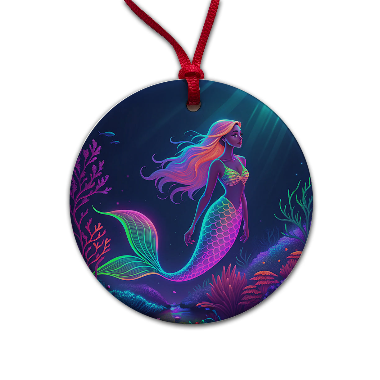Neon Mermaid Ocean Round Ceramic Holiday Christmas Tree Ornament