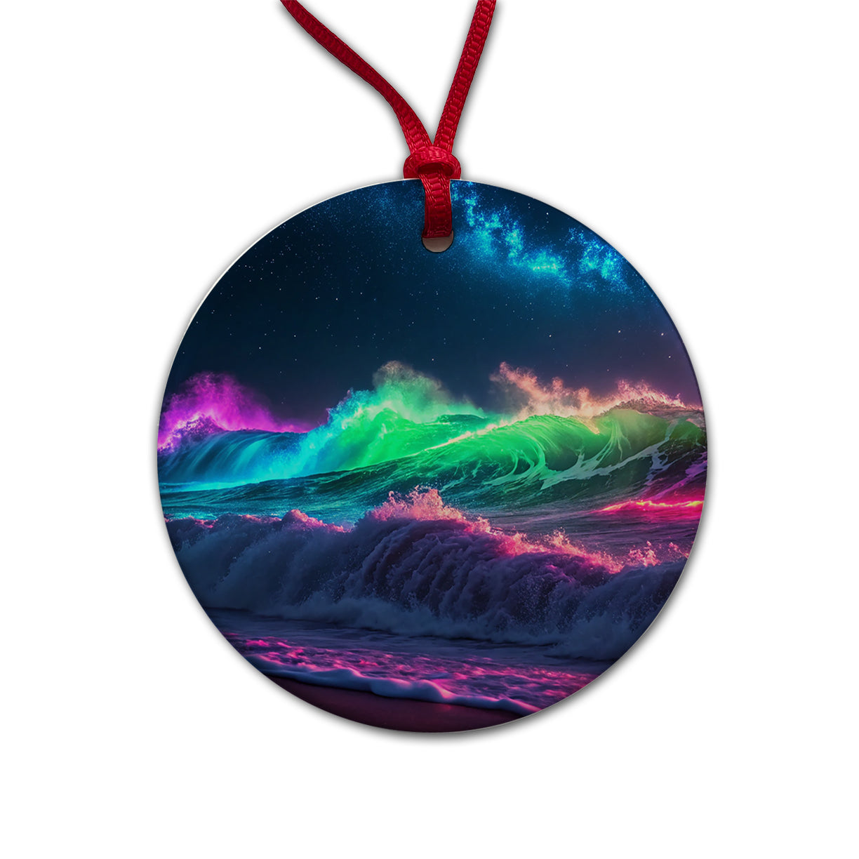 Neon Ocean Waves Night Round Ceramic Holiday Christmas Tree Ornament