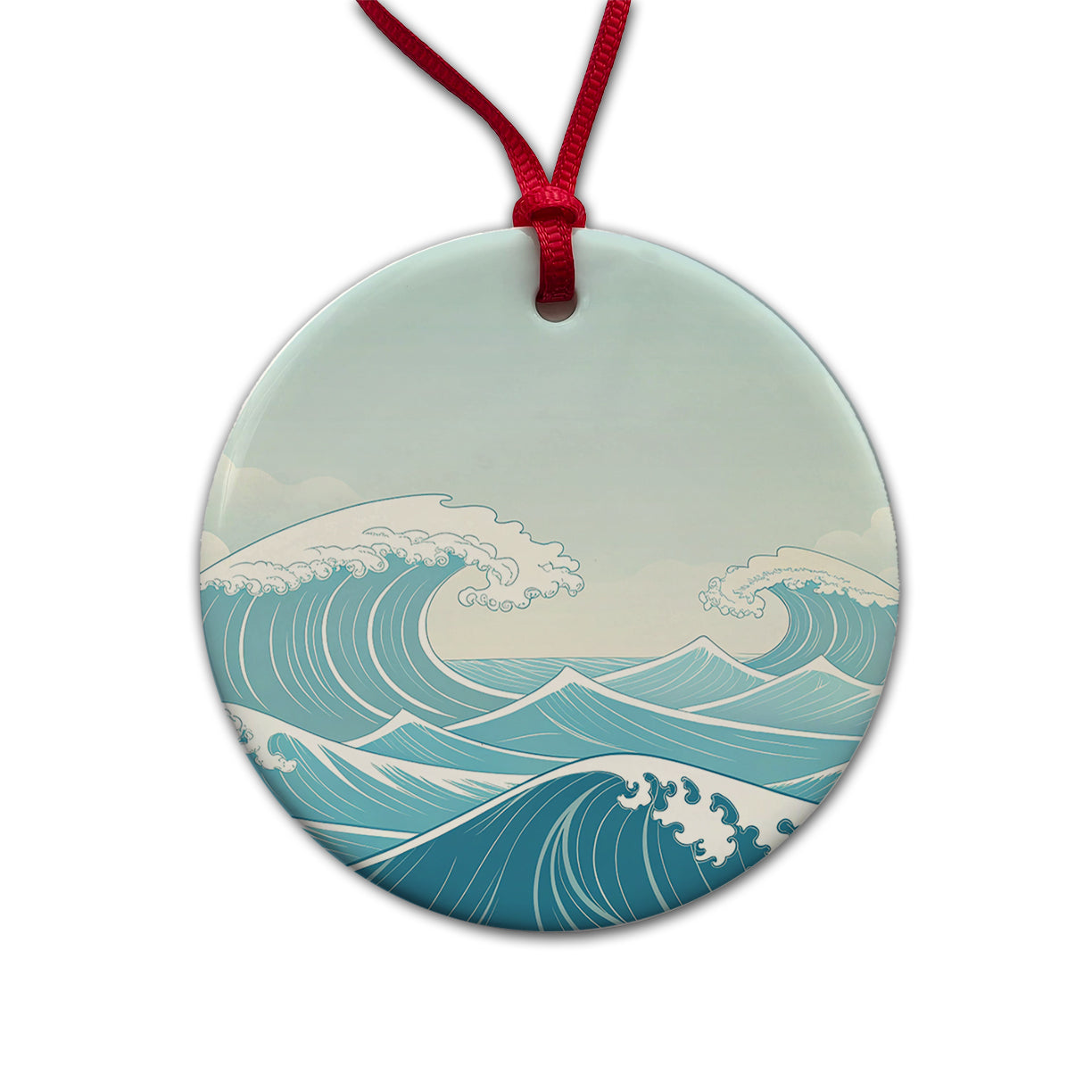Ocean Waves High Surf Round Ceramic Holiday Christmas Tree Ornament