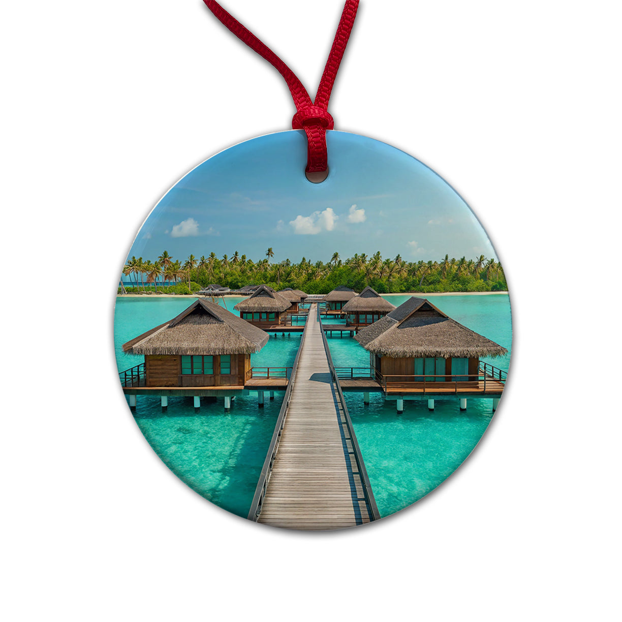 Over Water Bungalows Stunning Tropical Island Round Ceramic Holiday Christmas Tree Ornament