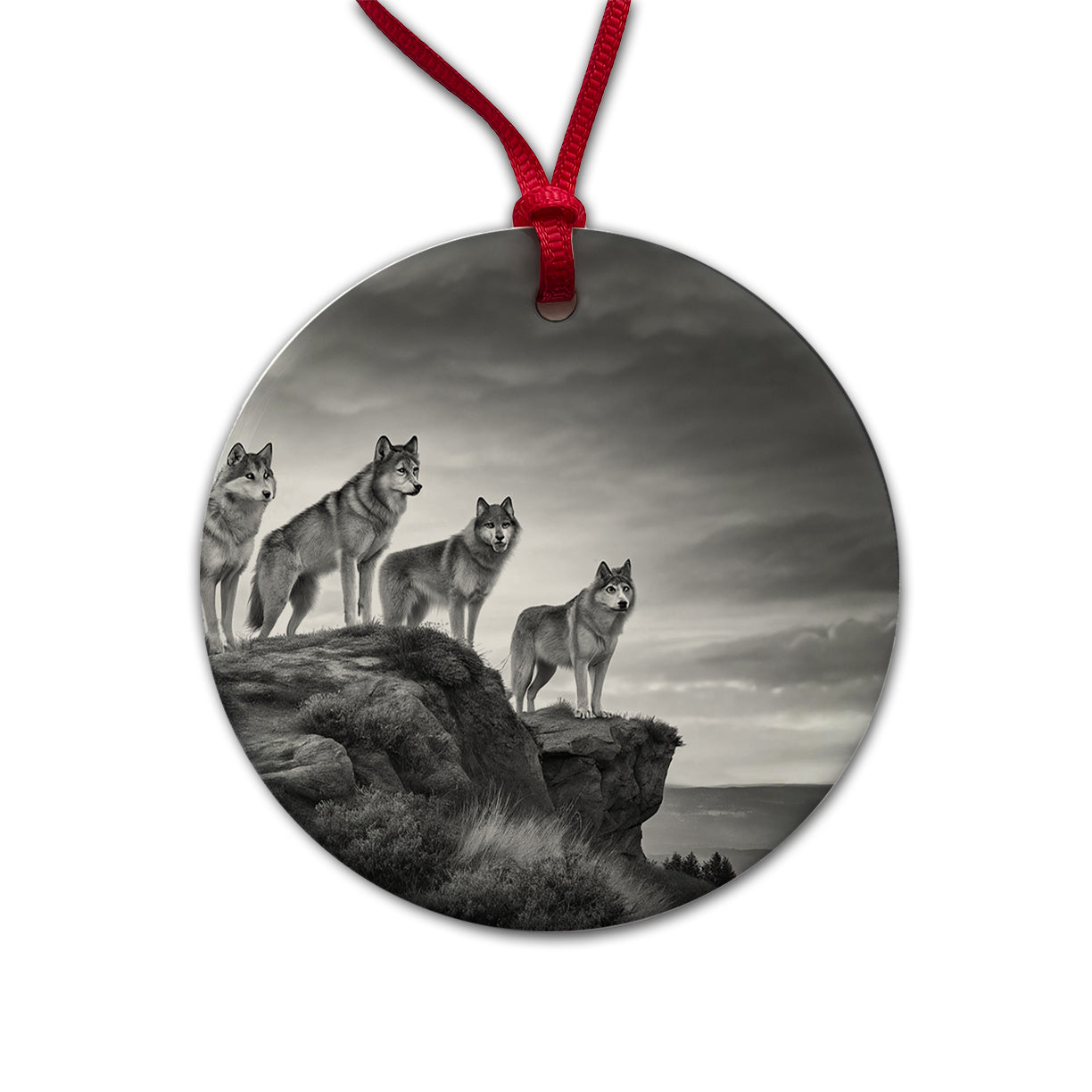 Pack Of Wolves On A Cliff Black White Round Ceramic Holiday Christmas Tree Ornament