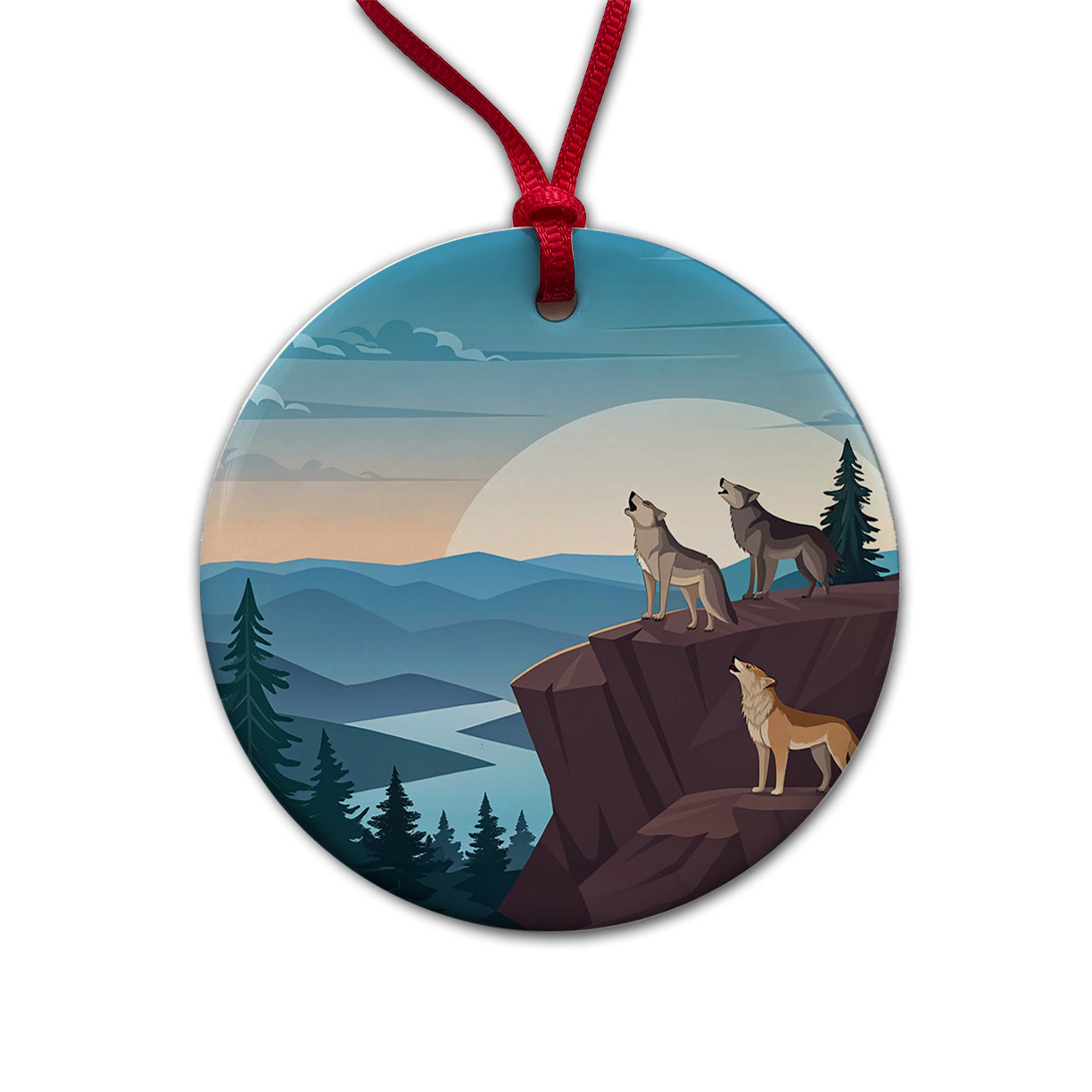 Pack Of Wolves On Cliff Drawing Round Ceramic Holiday Christmas Tree Ornament