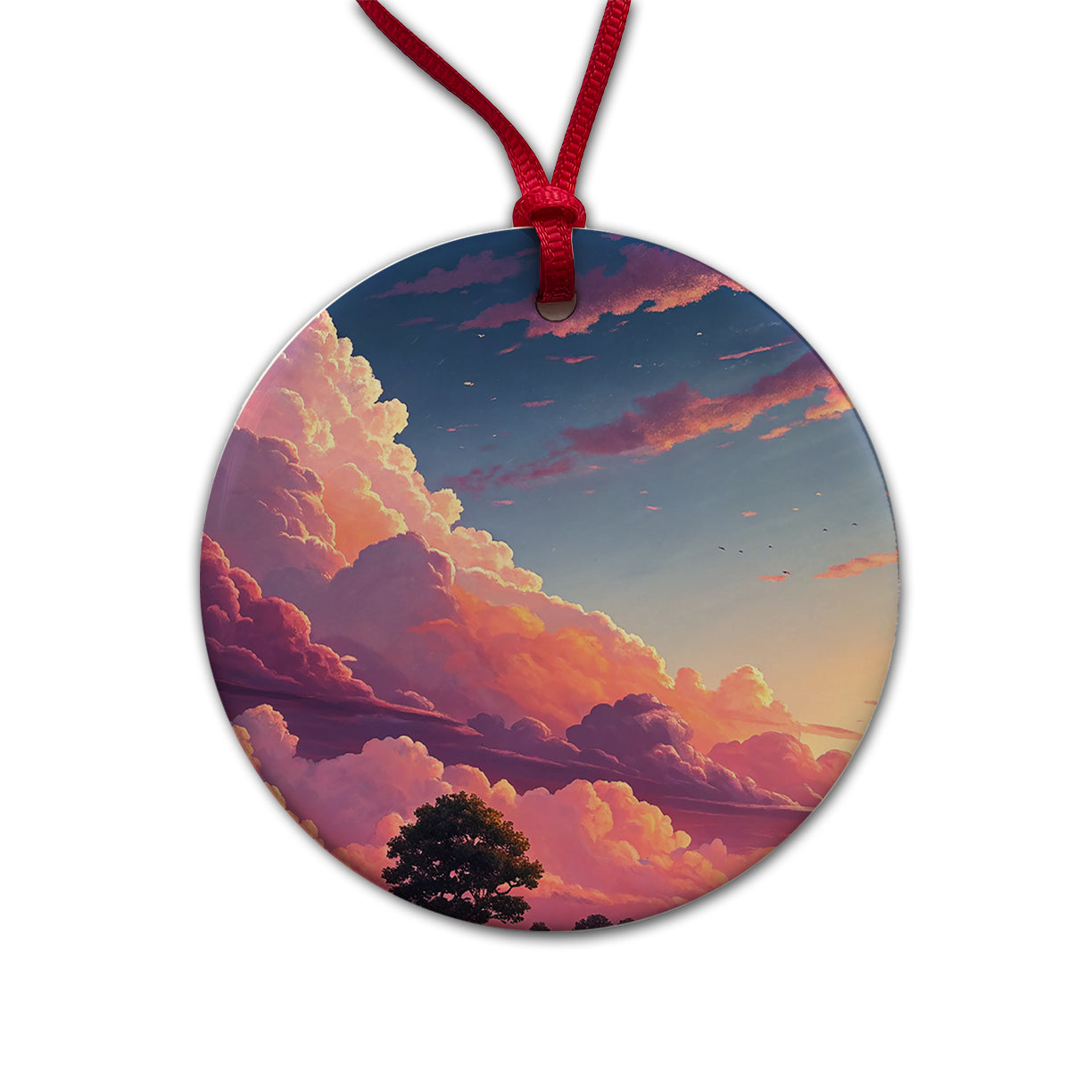 Painterly Sky Anime Clouds Round Ceramic Holiday Christmas Tree Ornament