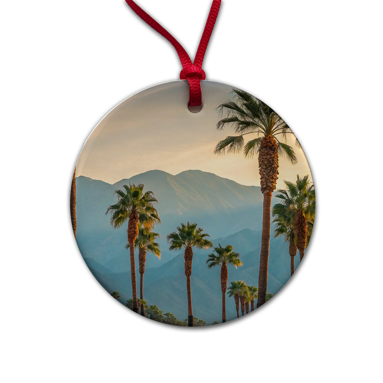Palm Trees Mountains In Background Round Ceramic Holiday Christmas Tree Ornament