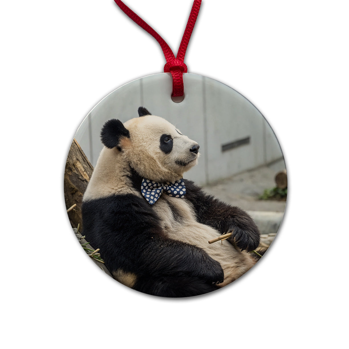Panda Wearing Bow Tie Round Ceramic Holiday Christmas Tree Ornament