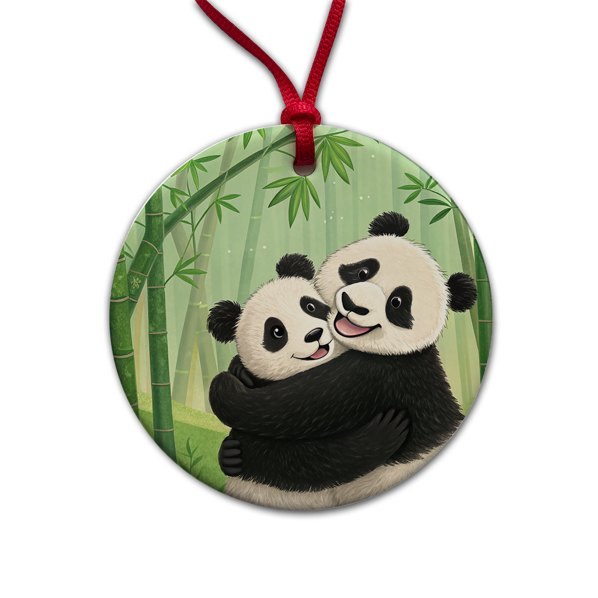 Pandas Hug Love Anniversary Round Ceramic Holiday Christmas Tree Ornament