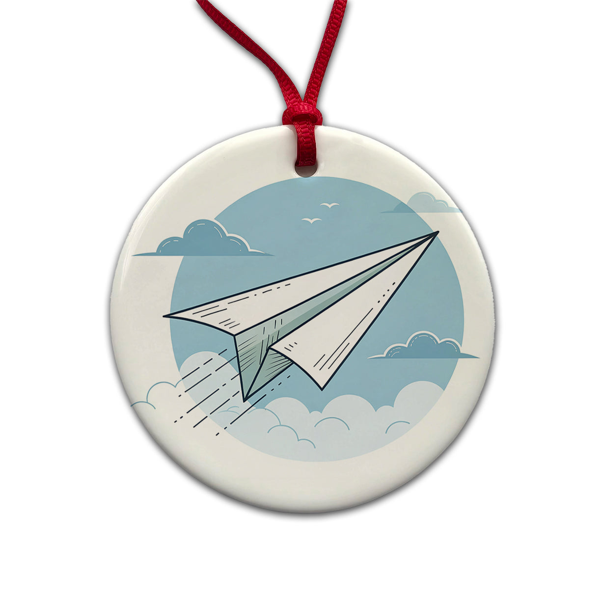 Paper Airplane Illustration Flying Sky Round Ceramic Holiday Christmas Tree Ornament