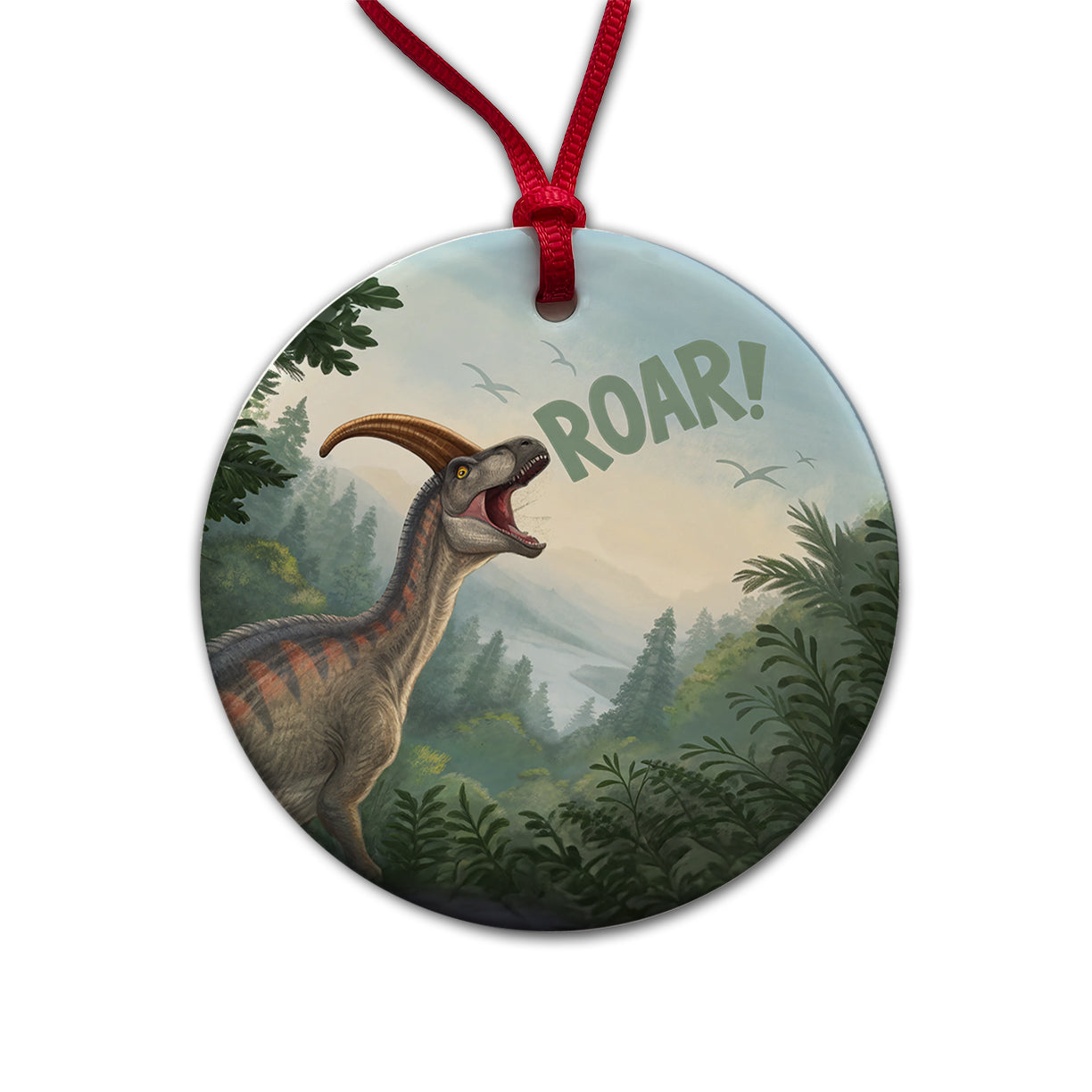 Parasaurolophus Roar Dinosaur Funny Round Ceramic Holiday Christmas Tree Ornament