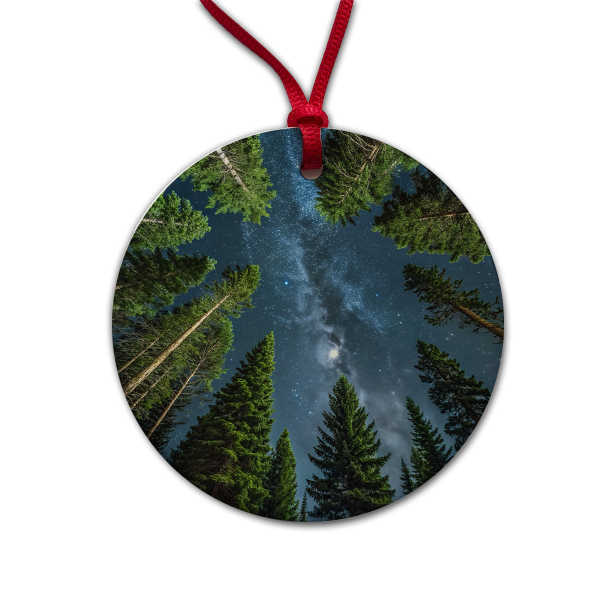 Pine Trees Looking Up Star Packed Sky Round Ceramic Holiday Christmas Tree Ornament
