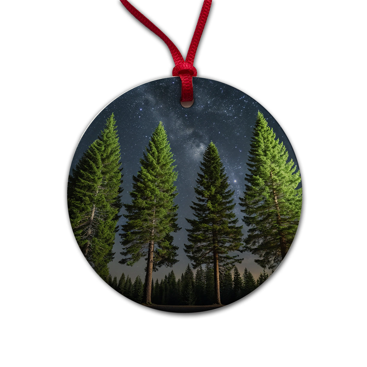Pine Trees Star Packed Sky Round Ceramic Holiday Christmas Tree Ornament