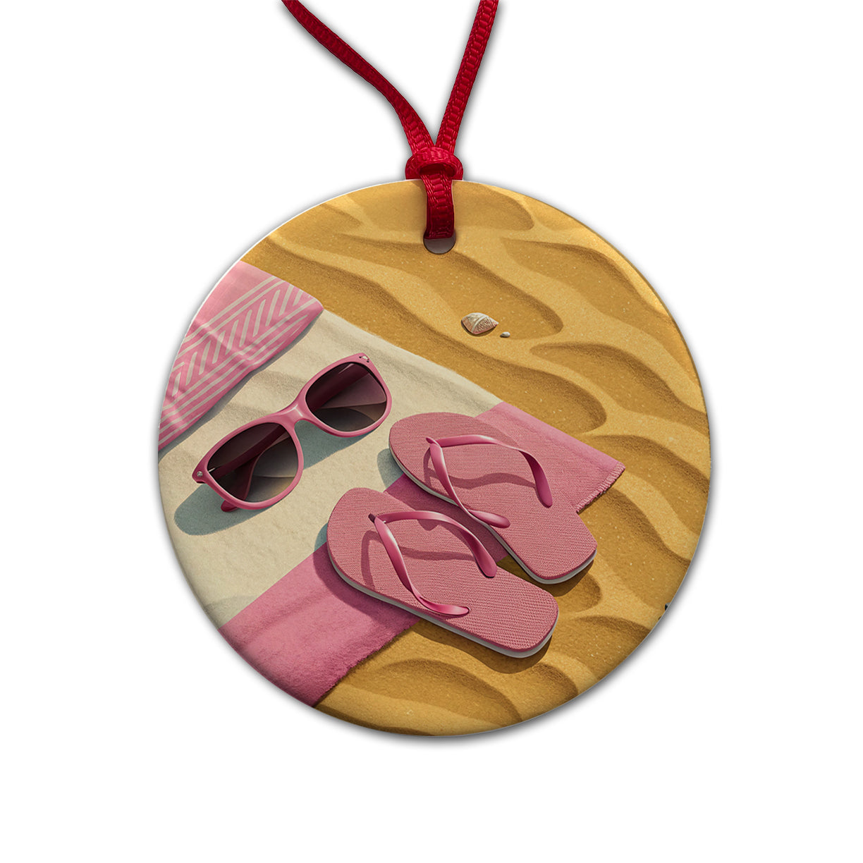 Pink Sunglasses Flip Flops Towel On Sand Cute Round Ceramic Holiday Christmas Tree Ornament