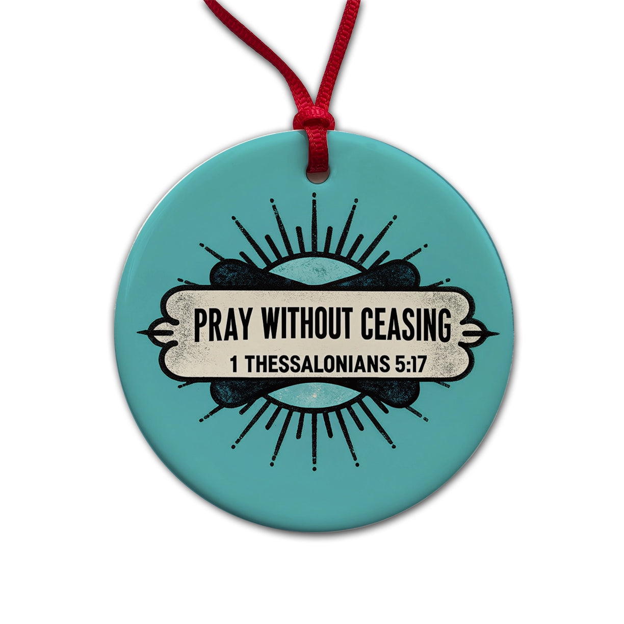 Pray Without Ceasing Bible Verse Blue Round Ceramic Holiday Christmas Tree Ornament