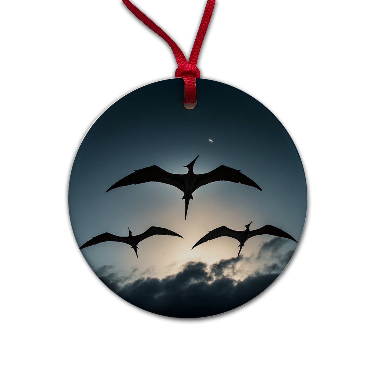 Pterodactylus Silhouettes Flying Dinosaurs Round Ceramic Holiday Christmas Tree Ornament