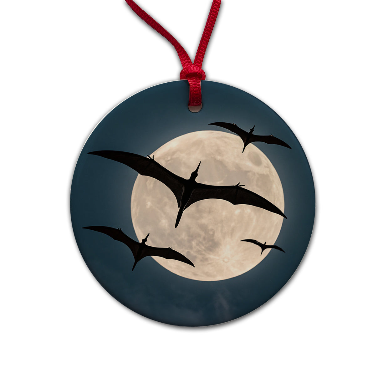 Pterodactylus Silhouettes Night Dinosaurs Round Ceramic Holiday Christmas Tree Ornament