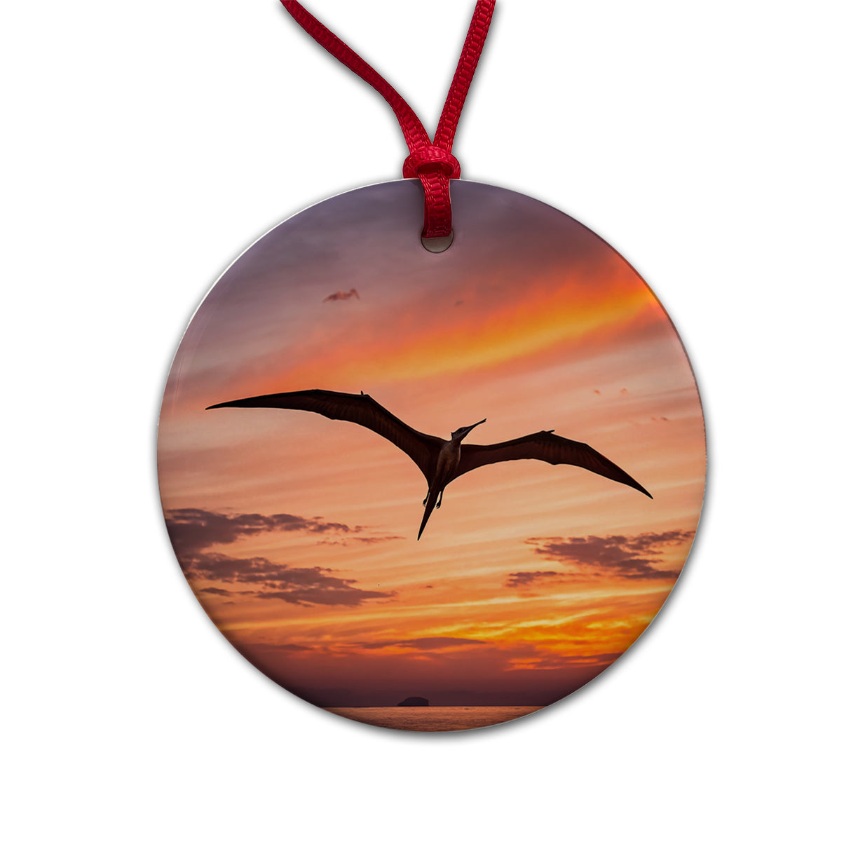 Pterodactylus Sunset Dinosaur Round Ceramic Holiday Christmas Tree Ornament