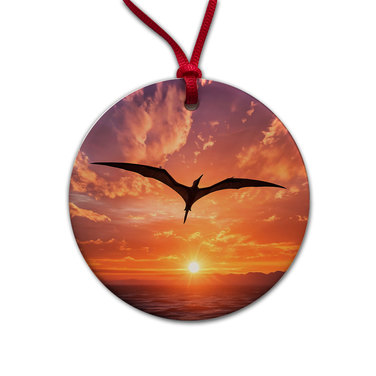 Pterodactylus Sunset Flying Dinosaur Round Ceramic Holiday Christmas Tree Ornament
