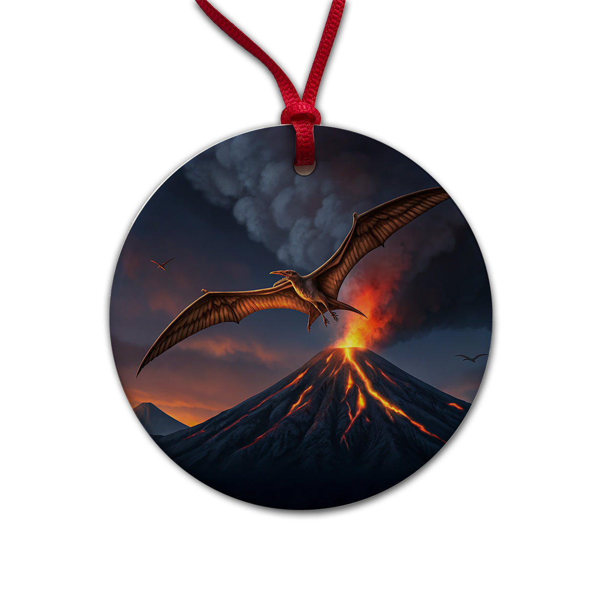 Pterodactylus Volcano Erupting Dinosaur Round Ceramic Holiday Christmas Tree Ornament
