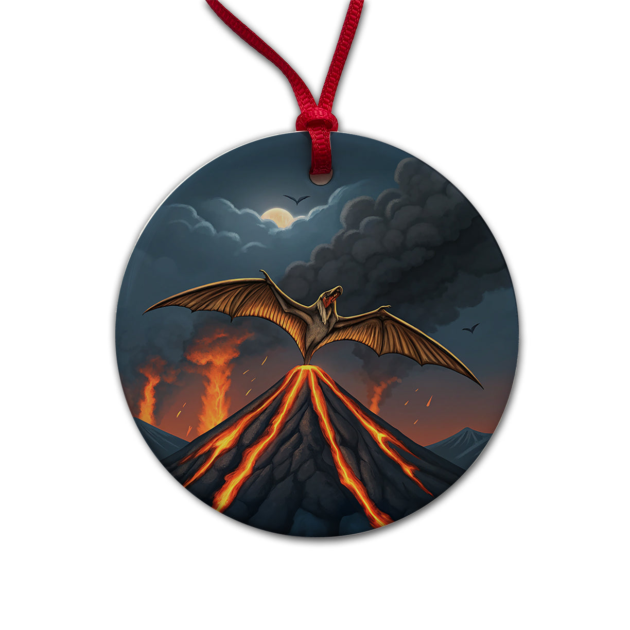 Pterodactylus Volcano Flying Dinosaur Round Ceramic Holiday Christmas Tree Ornament