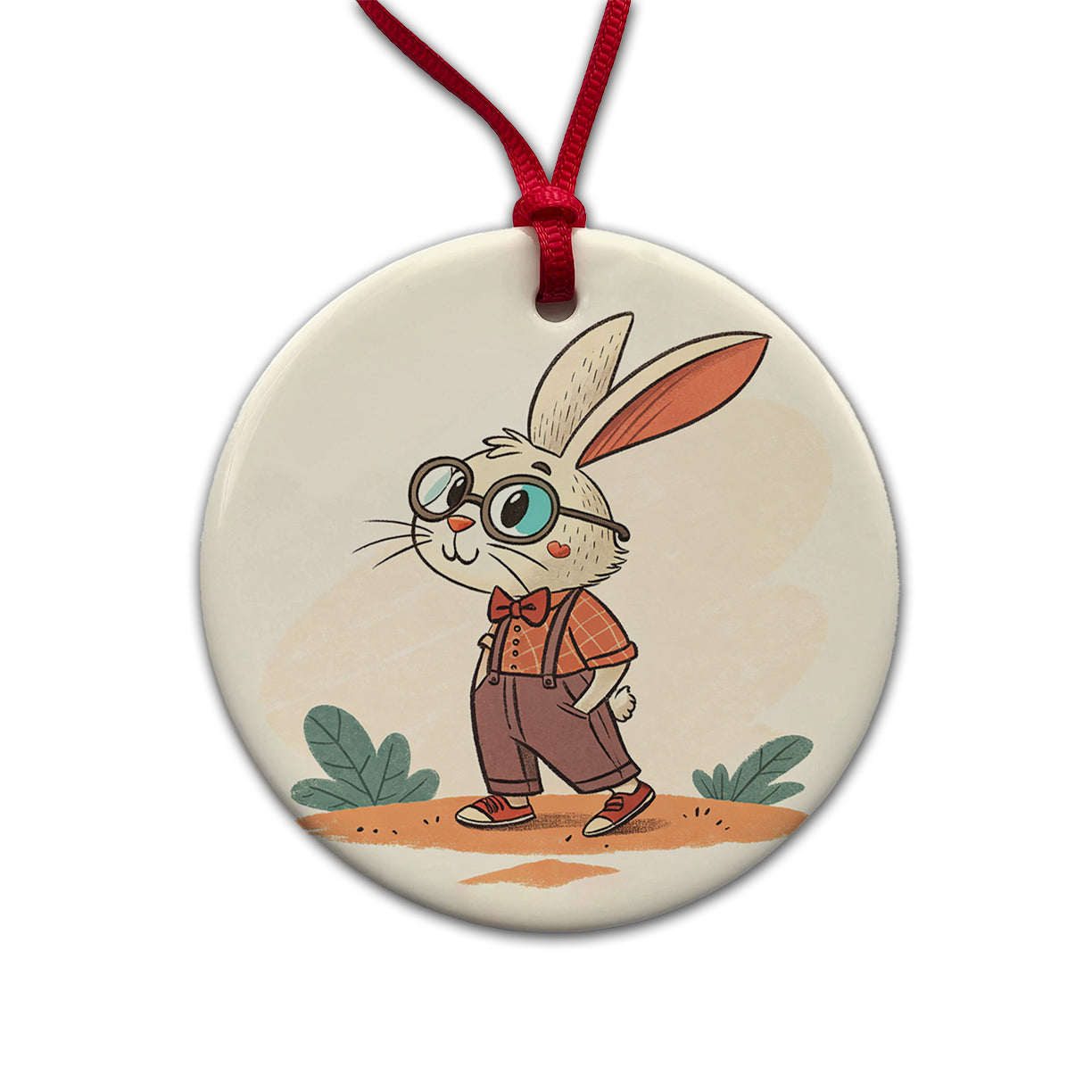 Rabbit Wearing Glasses Nerdy Cute Easter Round Ceramic Holiday Christmas Tree Ornament