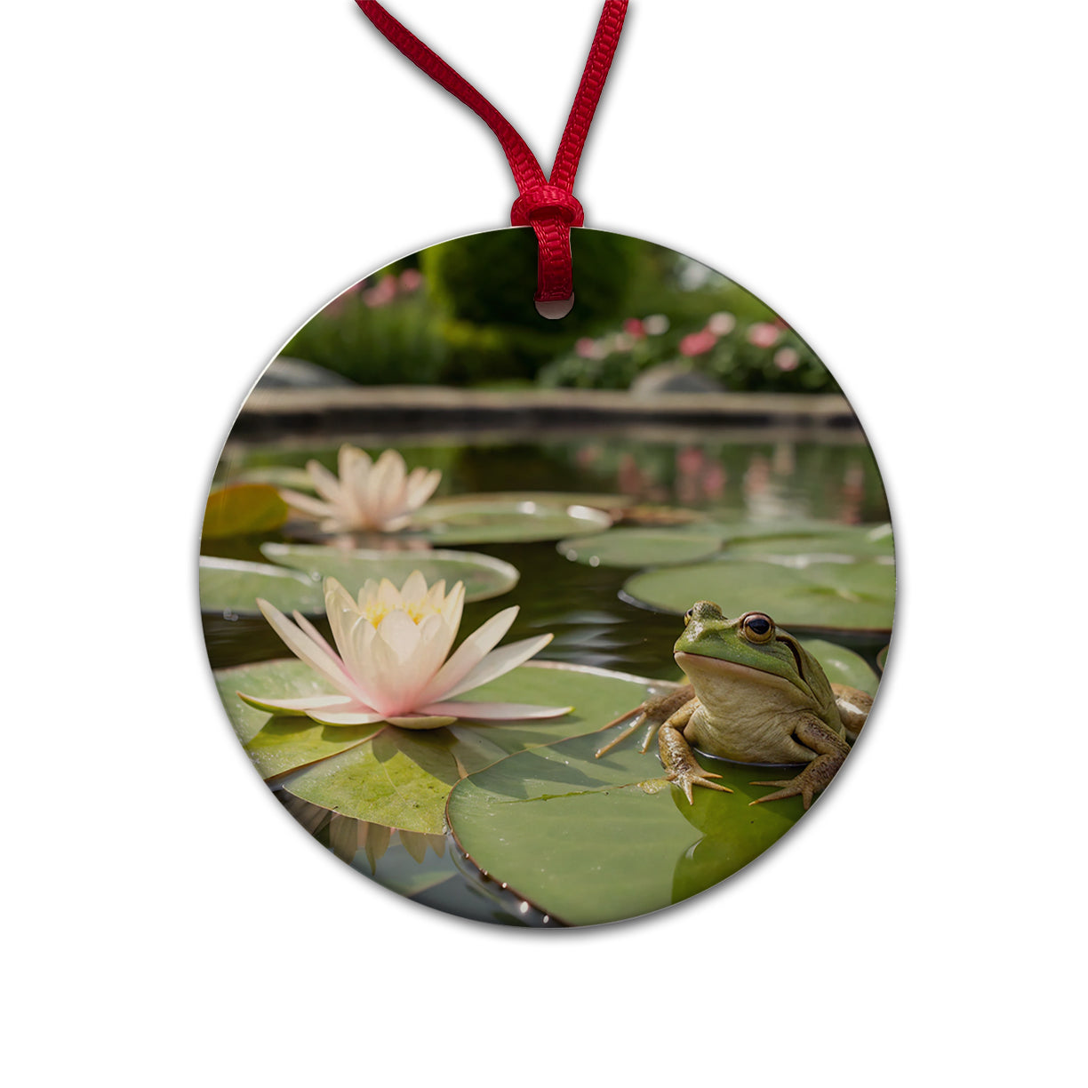 Relaxed Frog On A Lily Pad Round Ceramic Holiday Christmas Tree Ornament