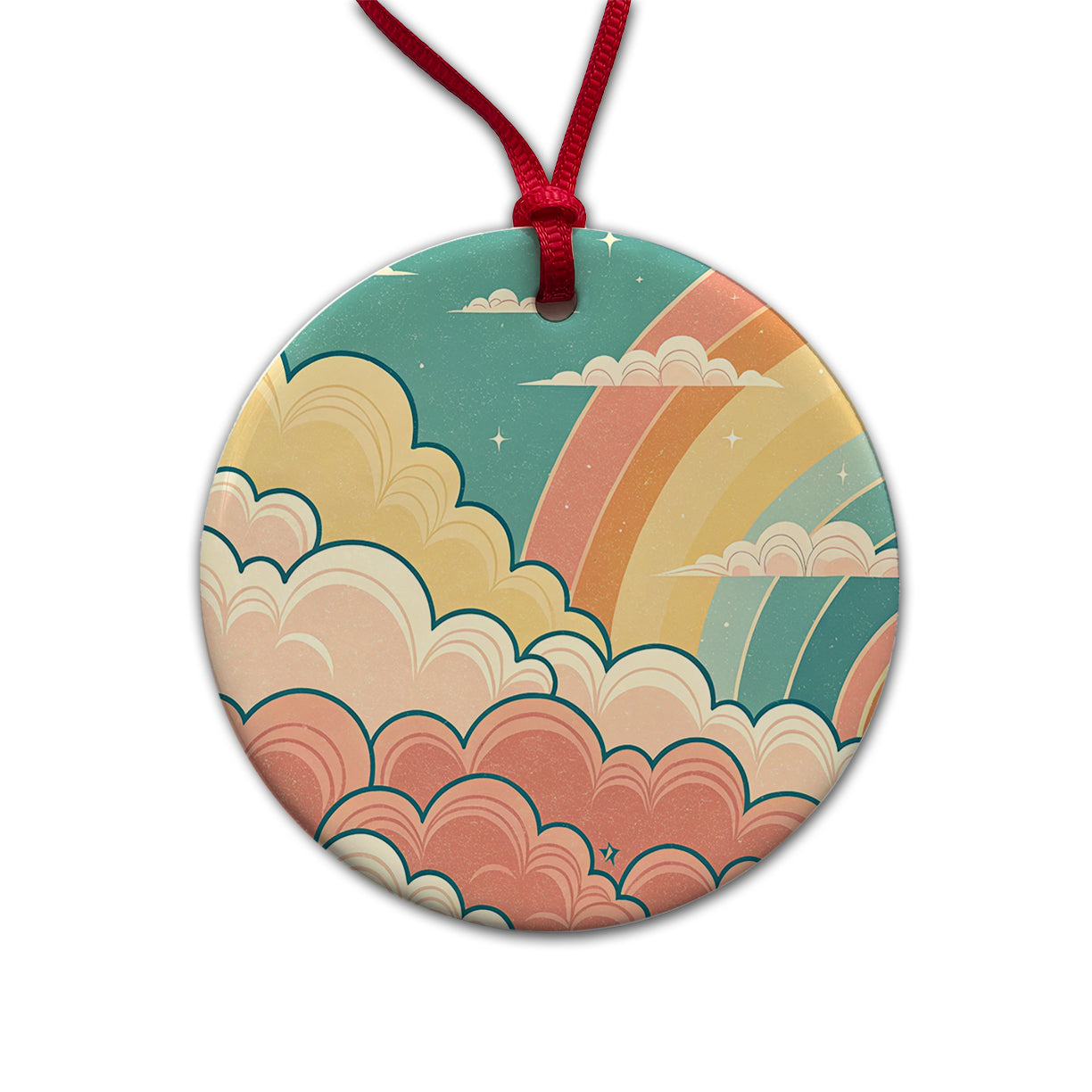 Repeating Puffy Clouds Retro Cute Rainbow Round Ceramic Holiday Christmas Tree Ornament