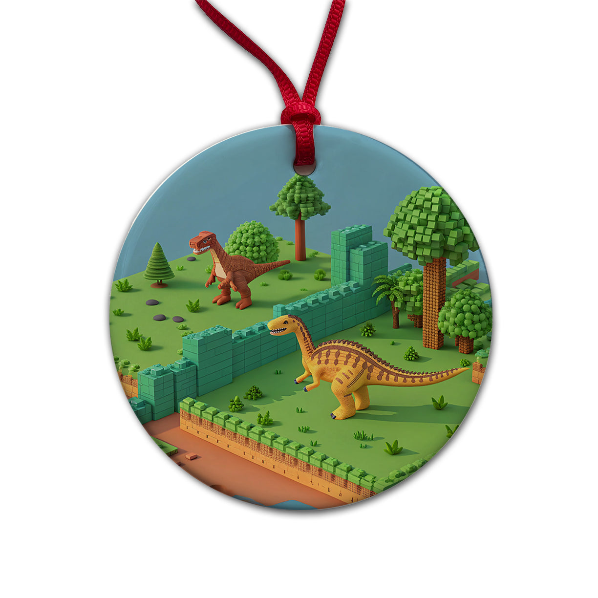Retro 8 Bit Pixel Art Style Dinosaurs Round Ceramic Holiday Christmas Tree Ornament