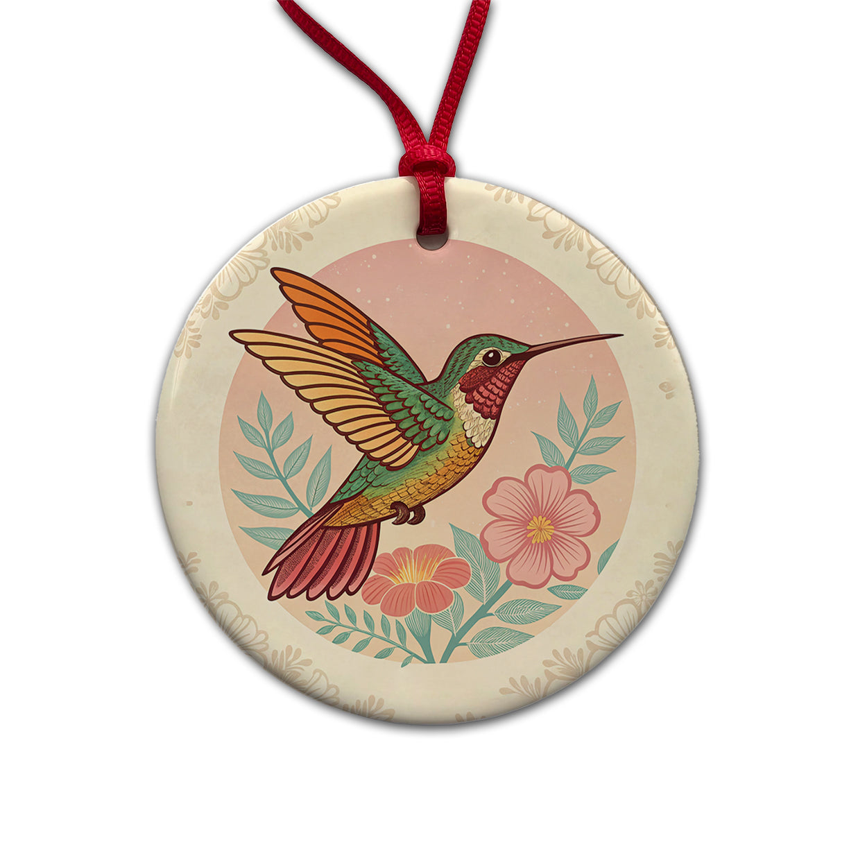 Retro Hummingbird Beautiful Round Ceramic Holiday Christmas Tree Ornament
