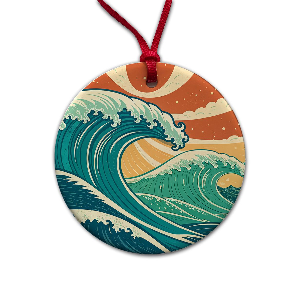 Retro Ocean Waves Colorful Drawing Round Ceramic Holiday Christmas Tree Ornament
