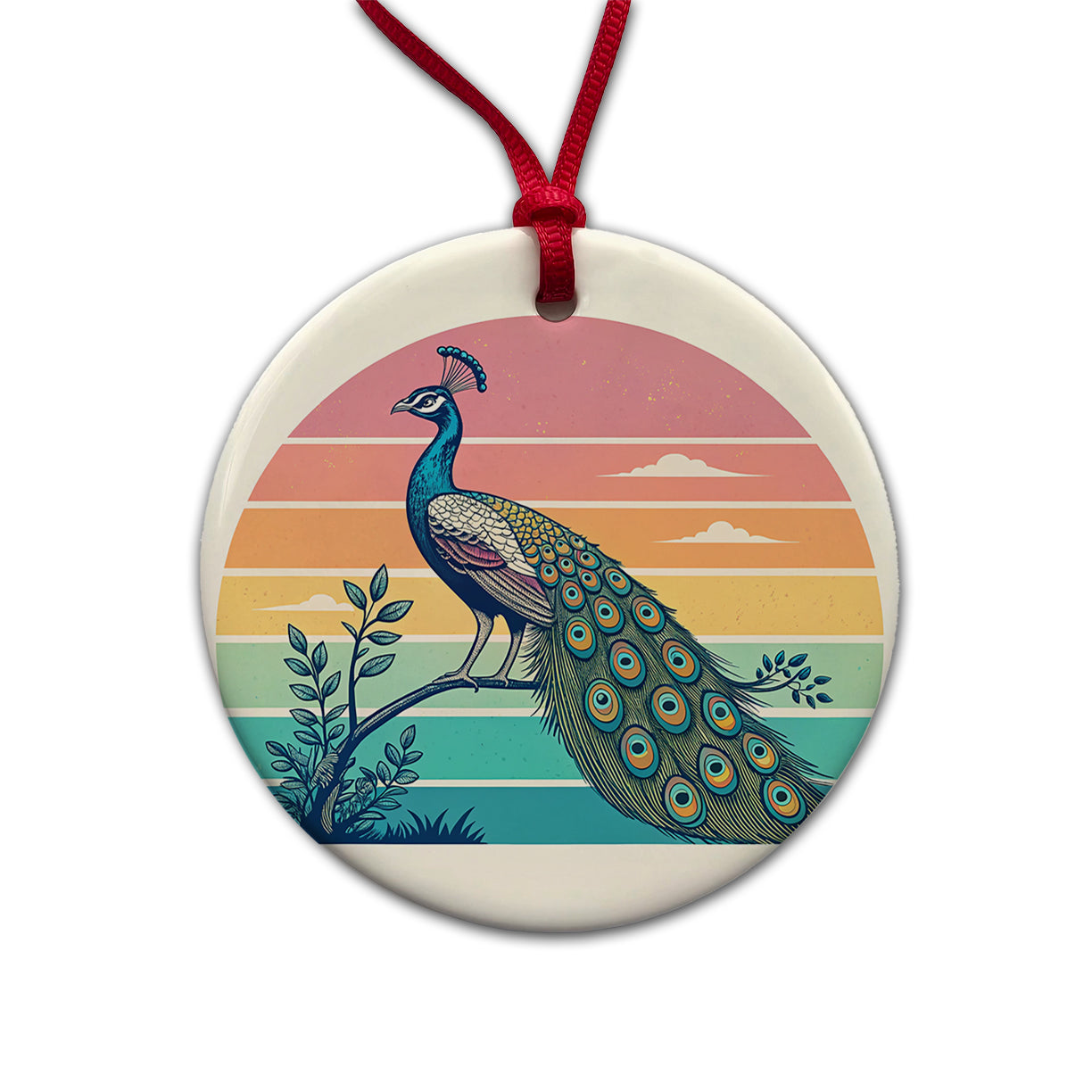 Retro Peacock Round Ceramic Holiday Christmas Tree Ornament