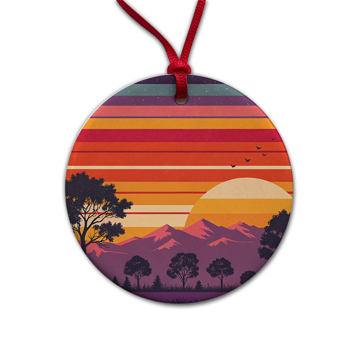 Retro Sunset Stripes Mountains Round Ceramic Holiday Christmas Tree Ornament