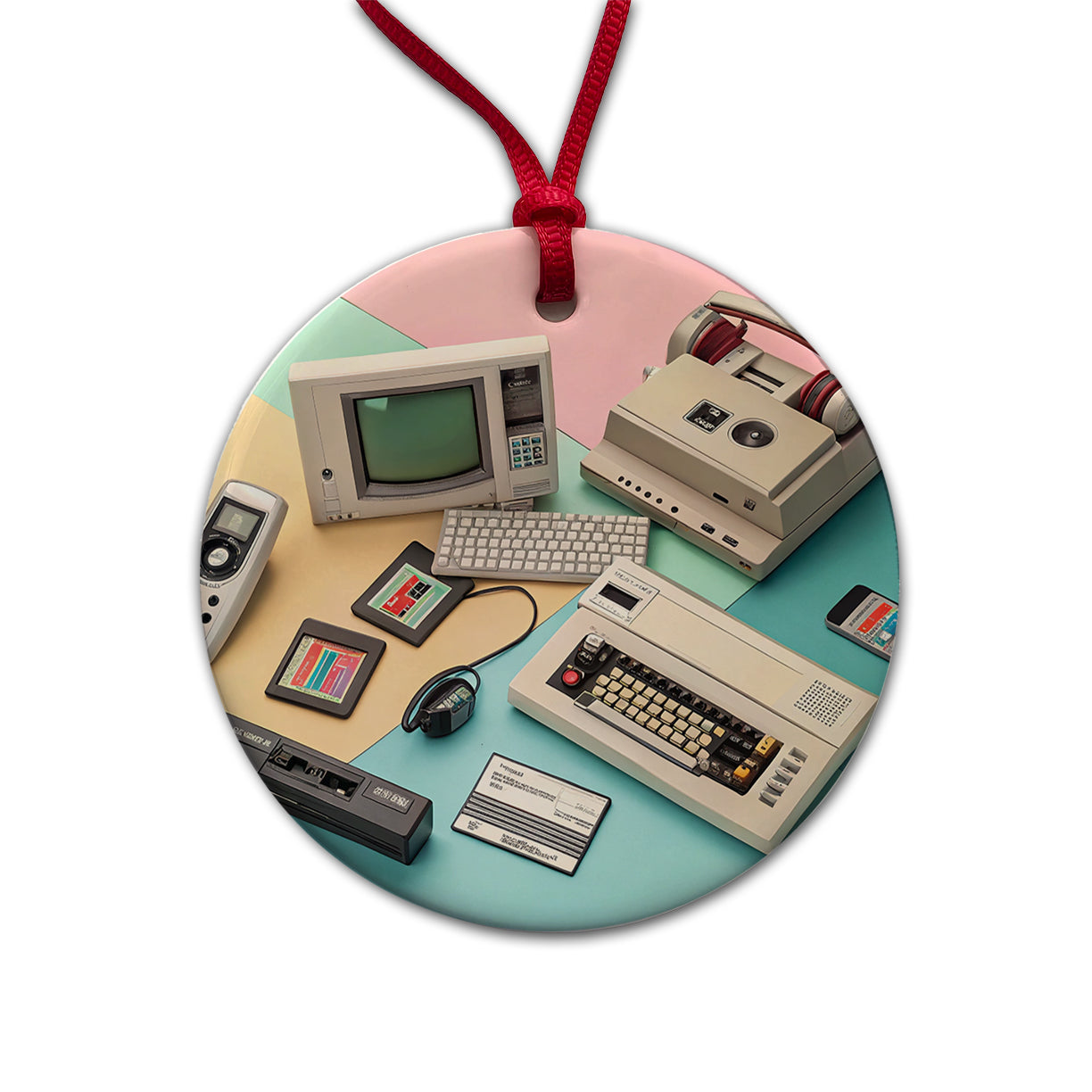 Retro Technology Collage Computer Round Ceramic Holiday Christmas Tree Ornament