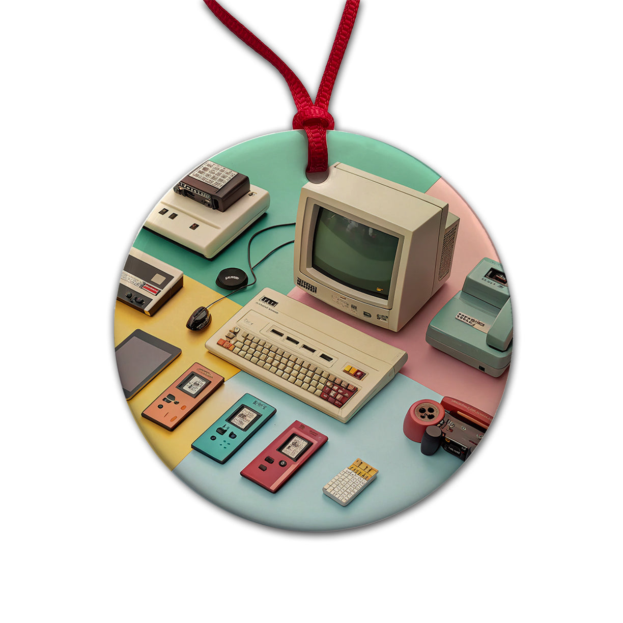 Retro Technology Device Computer Collage Round Ceramic Holiday Christmas Tree Ornament