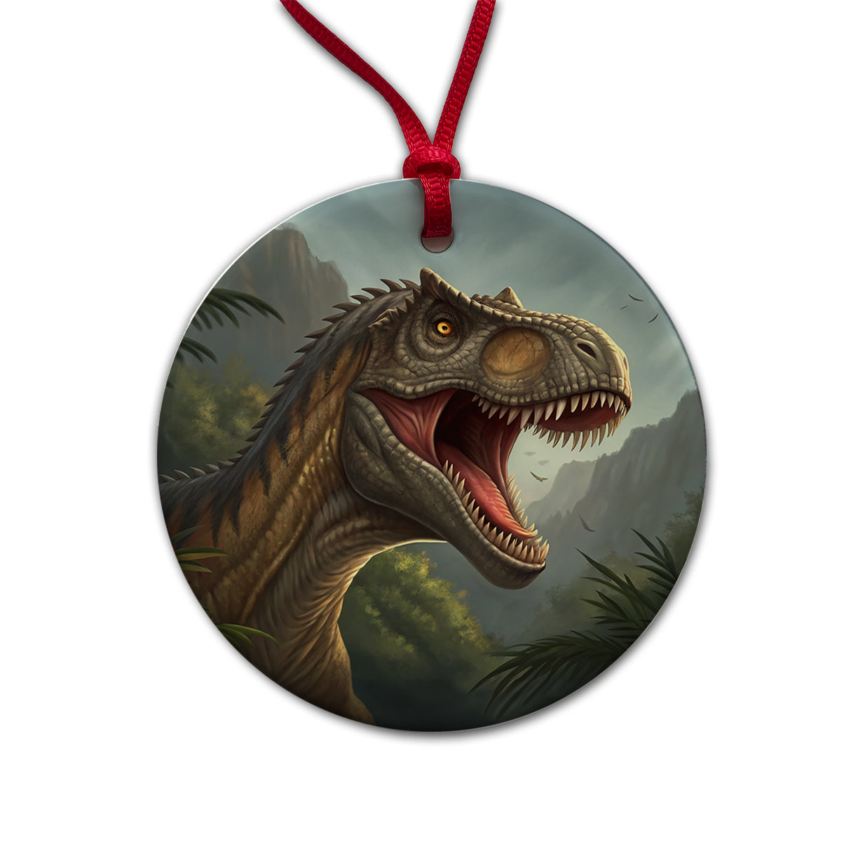 Roaring Allosaurus Dinosaur Mountains Round Ceramic Holiday Christmas Tree Ornament