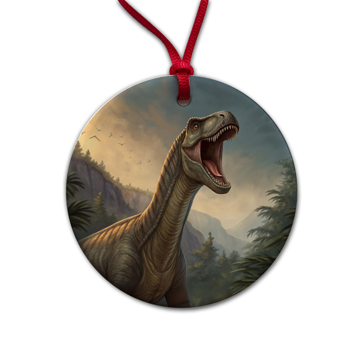 Roaring Argentinosaurus Dinosaur Round Ceramic Holiday Christmas Tree Ornament