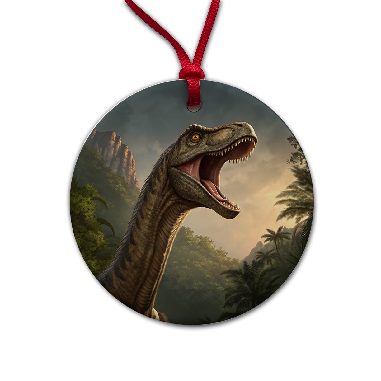 Roaring Brachiosaurus Dinosaur Forest Round Ceramic Holiday Christmas Tree Ornament