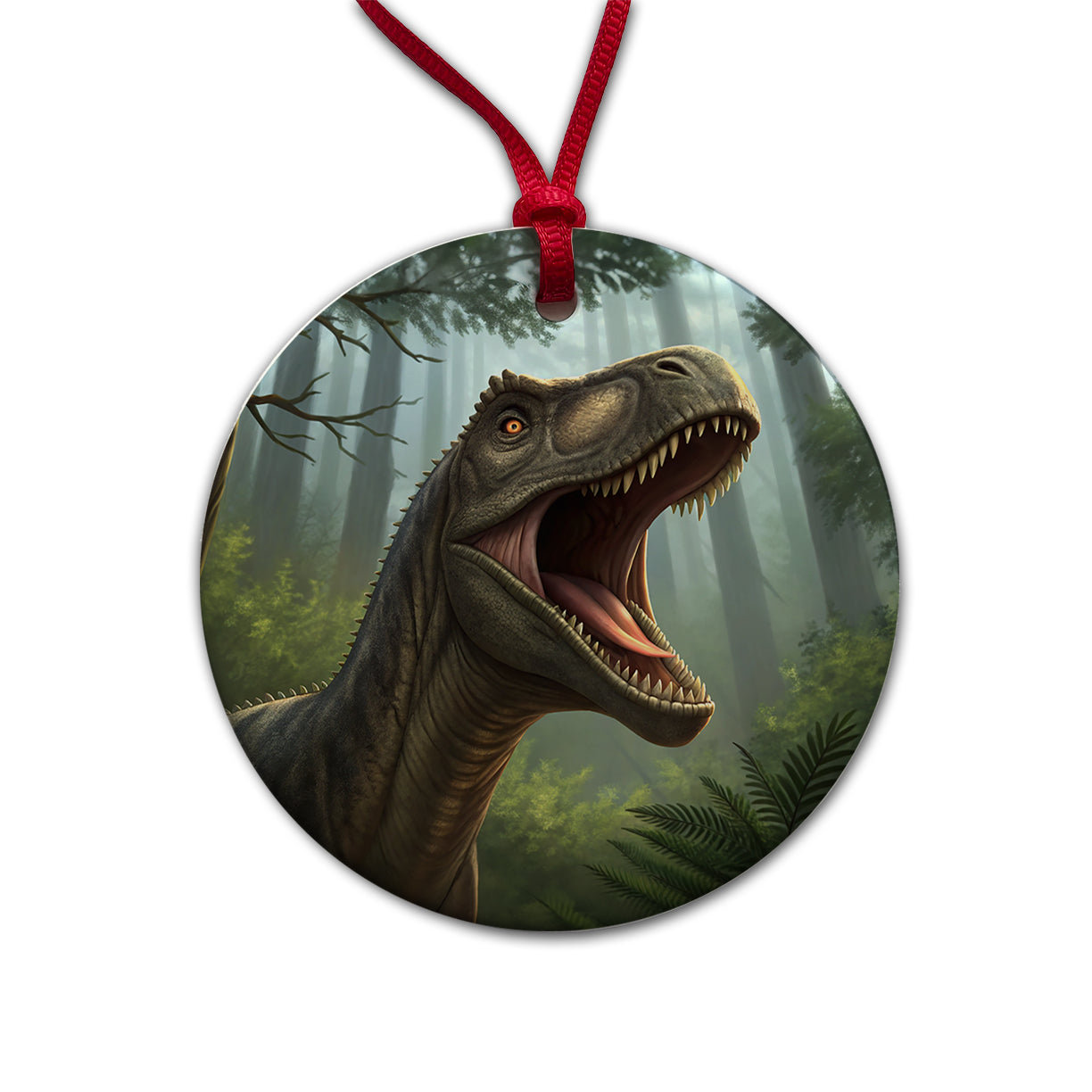 Roaring Brontosaurus Dinosaur Forest Round Ceramic Holiday Christmas Tree Ornament