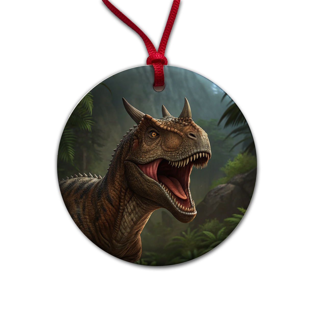 Roaring Carnotaurus Dinosaur Scary Round Ceramic Holiday Christmas Tree Ornament