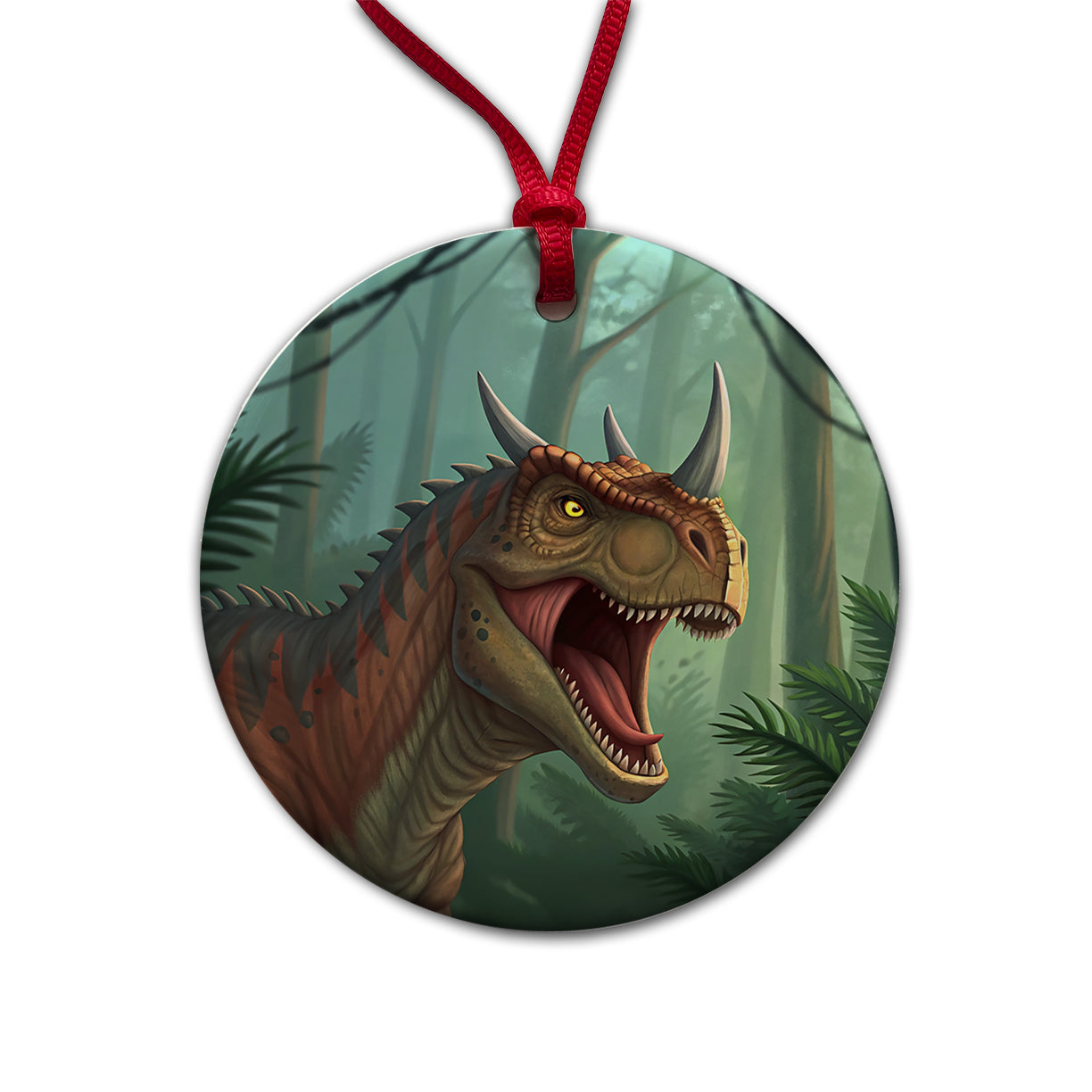 Roaring Carnotaurus Dinosaur Round Ceramic Holiday Christmas Tree Ornament