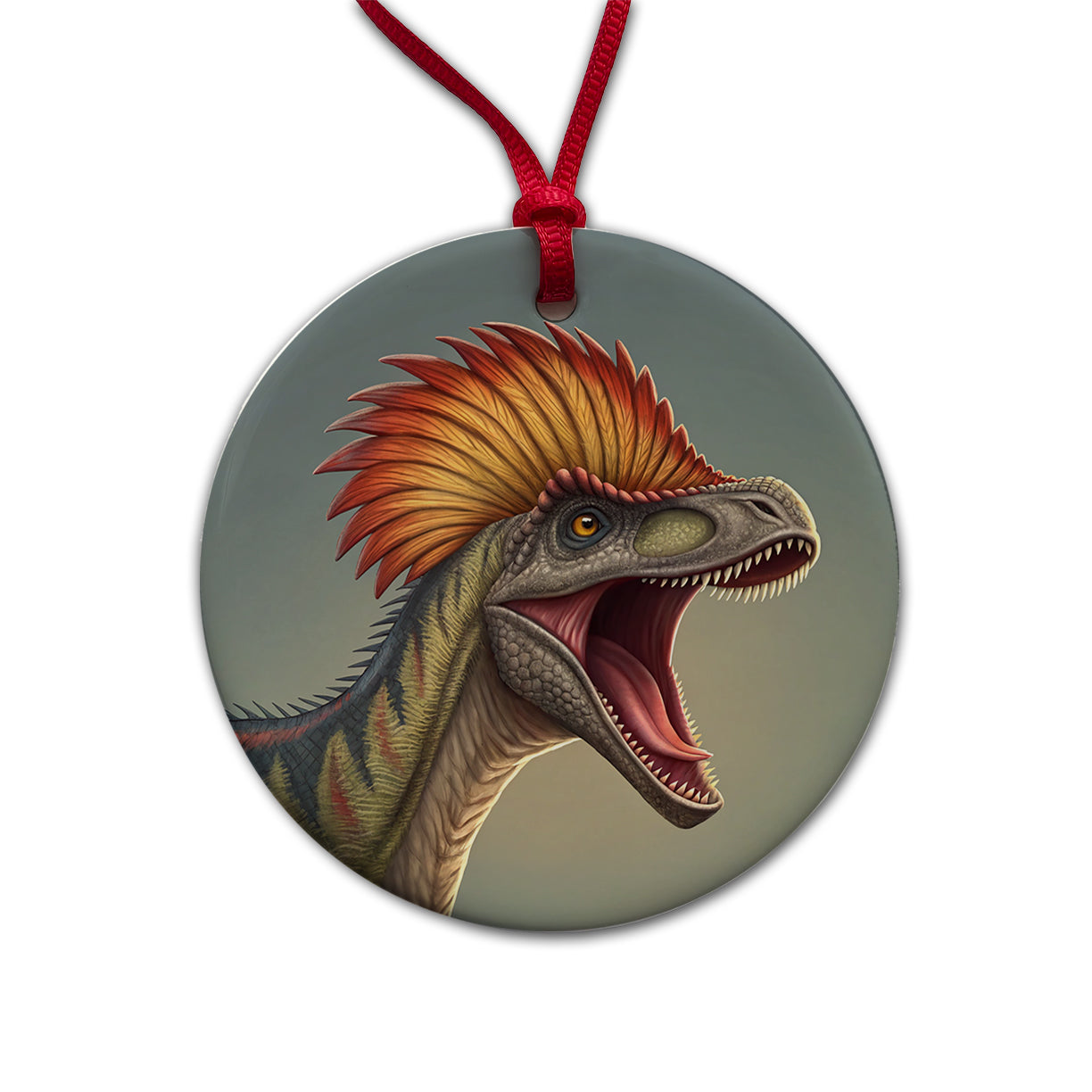 Roaring Dilophosaurus Dinosaur Round Ceramic Holiday Christmas Tree Ornament