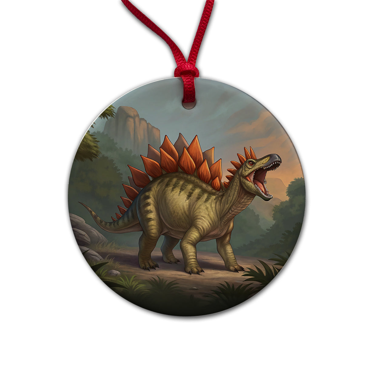 Roaring Stegosaurus Dinosaur Mountain Round Ceramic Holiday Christmas Tree Ornament