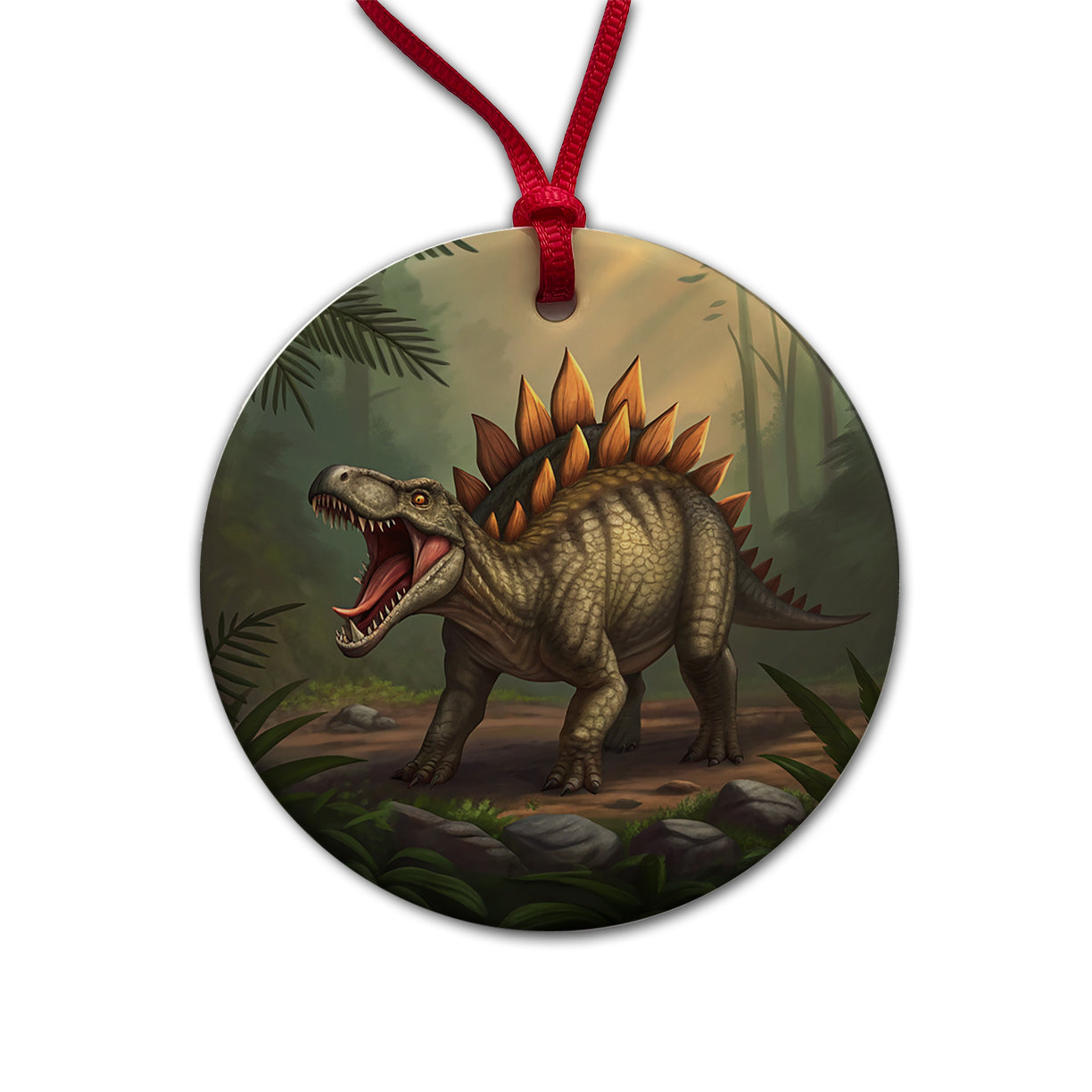 Roaring Stegosaurus Dinosaur Scary Round Ceramic Holiday Christmas Tree Ornament