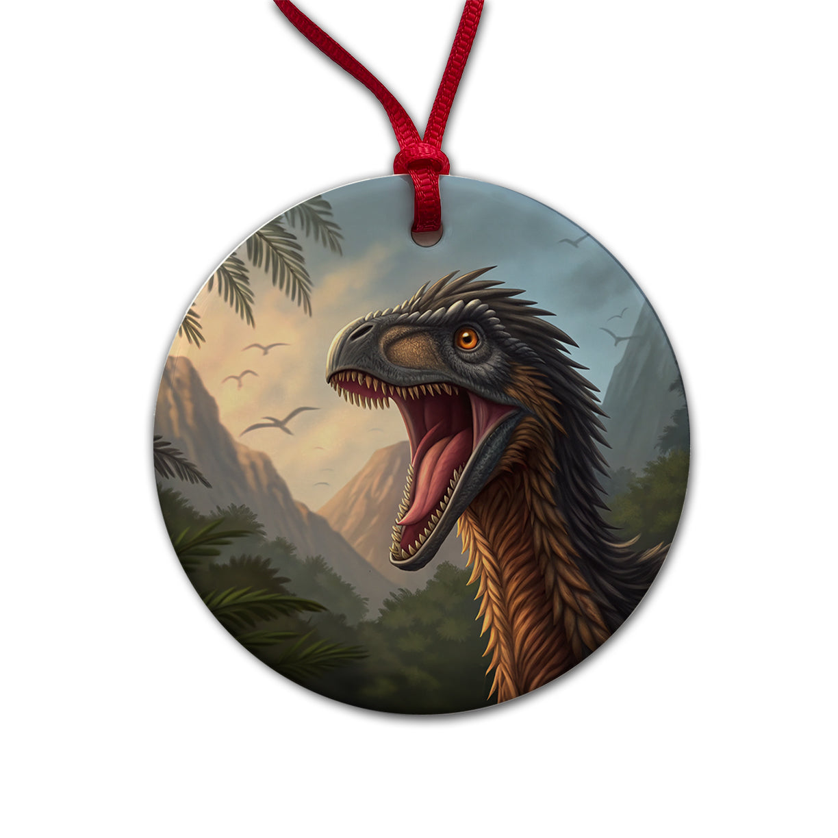 Roaring Therizinosaurus Dinosaur Jungle Round Ceramic Holiday Christmas Tree Ornament
