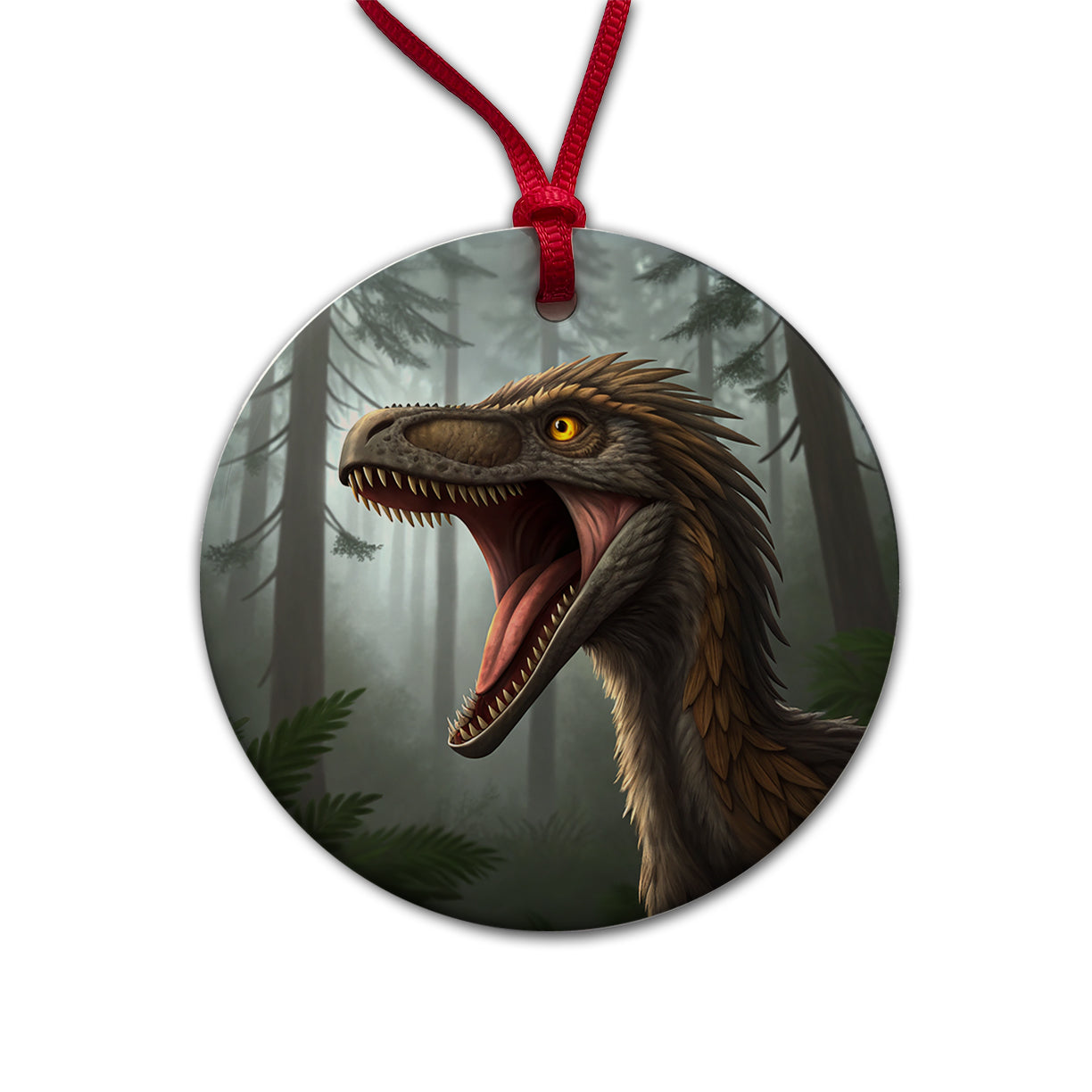 Roaring Troodon Dinosaur Forest Round Ceramic Holiday Christmas Tree Ornament
