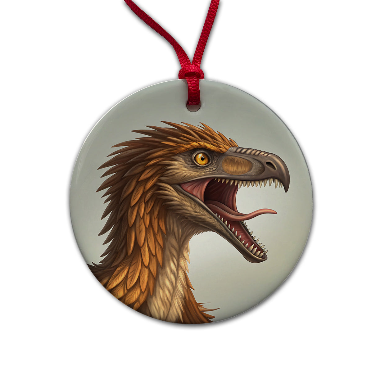 Roaring Troodon Dinosaur Round Ceramic Holiday Christmas Tree Ornament