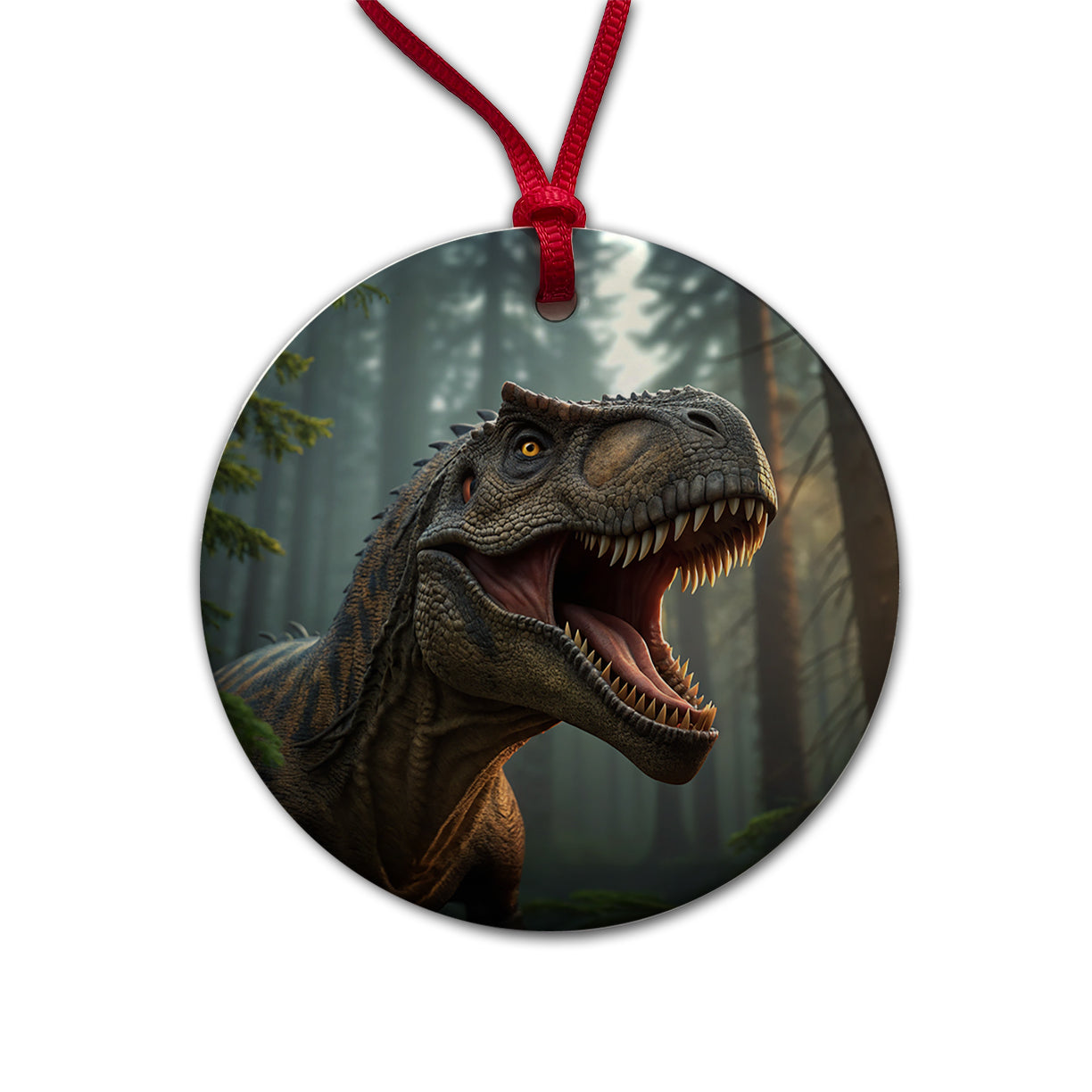 Roaring Tyrannosaurus Rex Dinosaur Scary Round Ceramic Holiday Christmas Tree Ornament